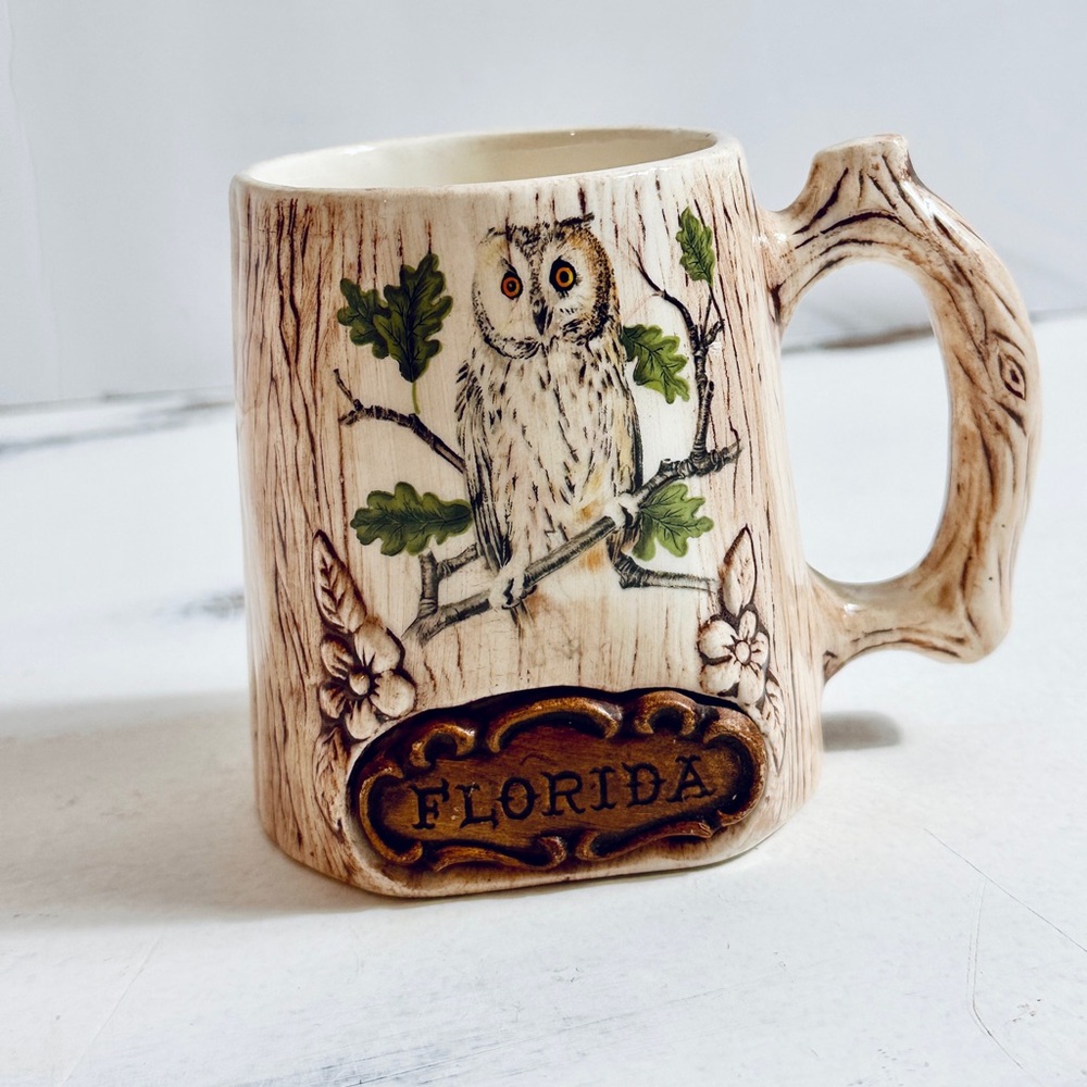 Vintage Owl Florida mid century 1970’s ceramic mug from Treasure Craft Faux Bois